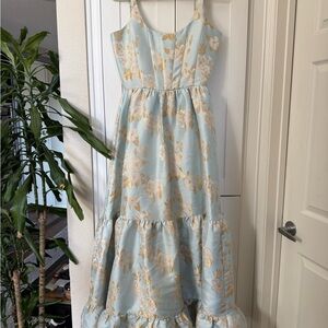 V. Chapman Blue, Cream and Gold Floral ‘Avery’ Dress